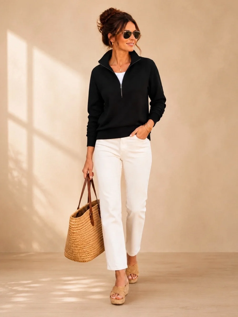 NEW SPANX AirEssentials Half-Zip Sweatshirt Very Black Size Small Coastal Chic - Picture 1 of 16